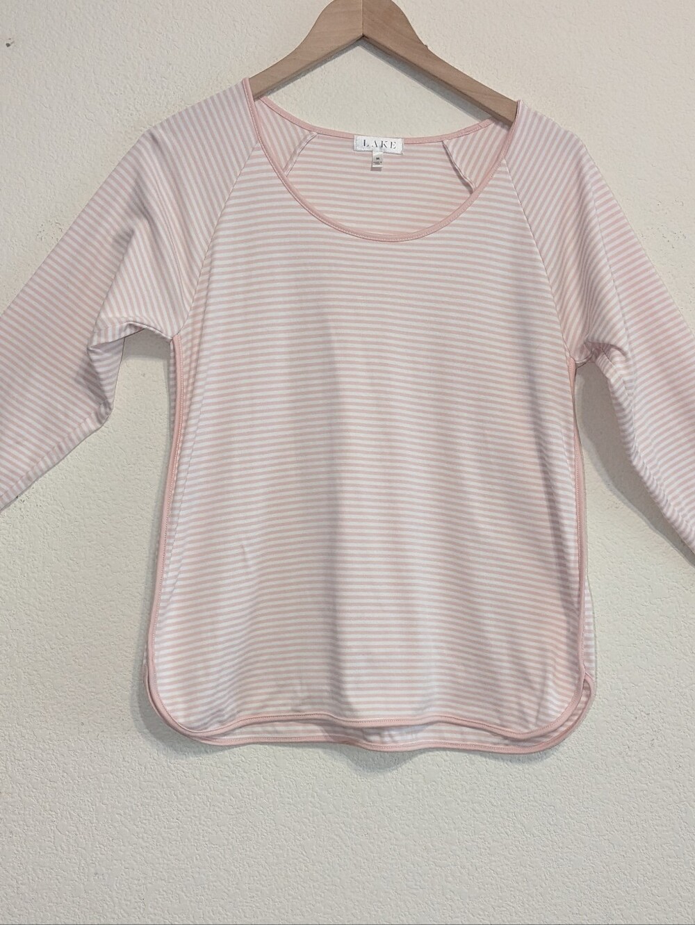Women's LAKE Pajamas Pink & White Striped Sleep Top Shirt Size Large Medium. 3/4